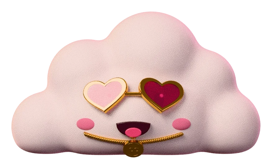 Cloud, the Cloud County mascot: a 3D puffy cloud in pink heart sunglasses and a gold CC chain